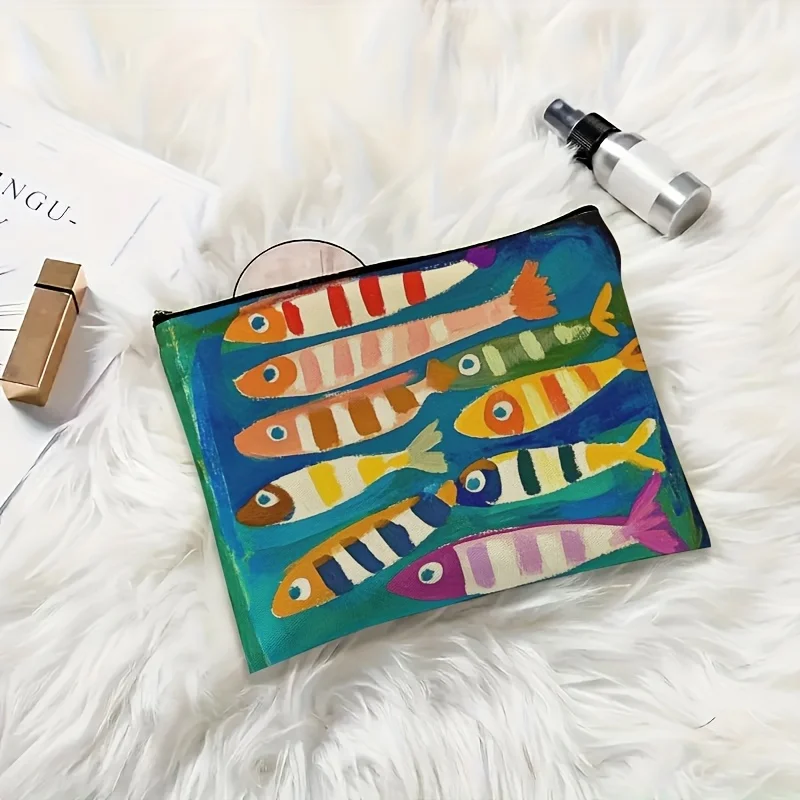 1pc colorido listrado peixe padrão saco de maquiagem-bolsa de armazenamento portátil elegante, bolsa de moedas multifuncional com fecho de zíper