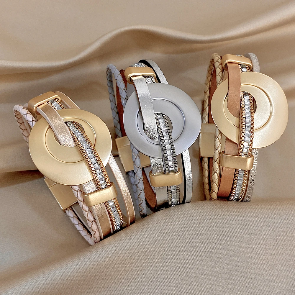 ALLYES Trendy Handmade Woven Leather Bracelet for Women Hip Hop Exquisite Double Circle Multilayer Wrap Bracelets Charm Jewelry