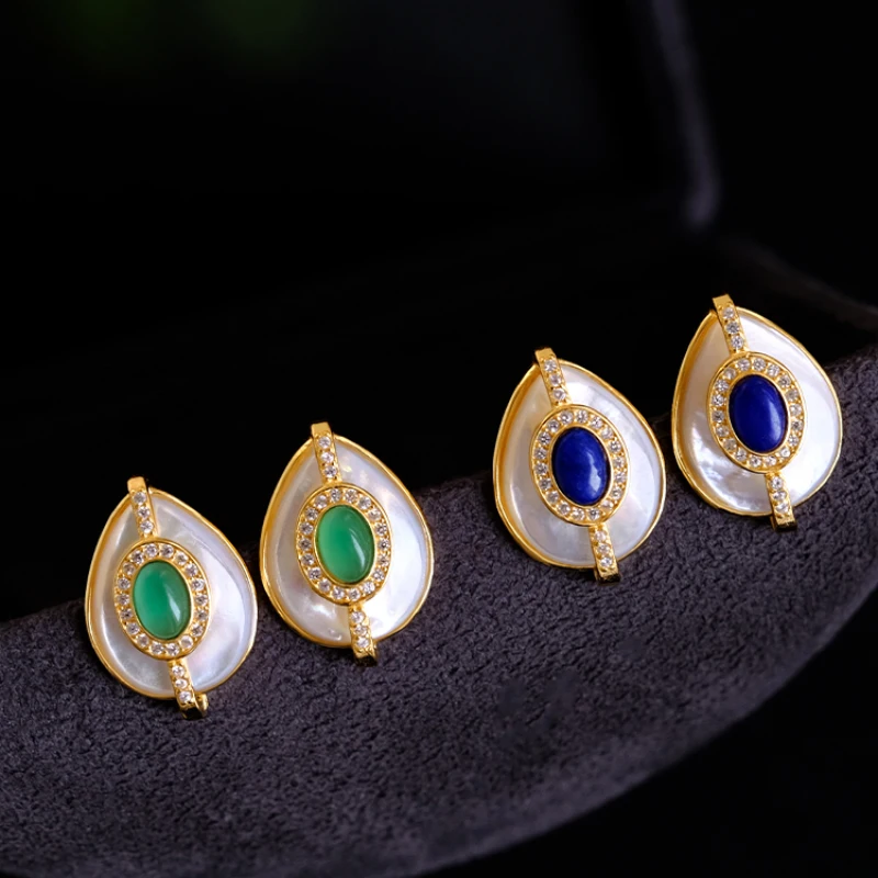 Natural chalcedony artificial white fritillary drop stud earrings for women lapis lazuli high quality vintage silver jewelry