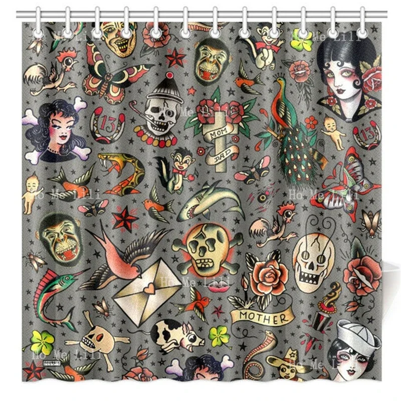 Old School Tattoo Waterproof Shower Curtain Vintage Skull Girls Geisha Flash Novelty Bathroom Decor With Hooks