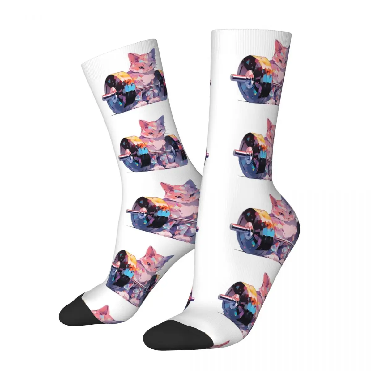 Men's compression Socks Cute Kawaii Cat Trying With The Weights Vintage Harajuku Lifting Cat Hip Hop Casual Crew Crazy Sock