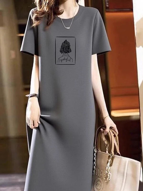 Summer Casual Pure Cotton Short Sleeve Dress Women's T-Shirt Dress Slimming Long Dress City Commute A-Line Skirt Print Dress