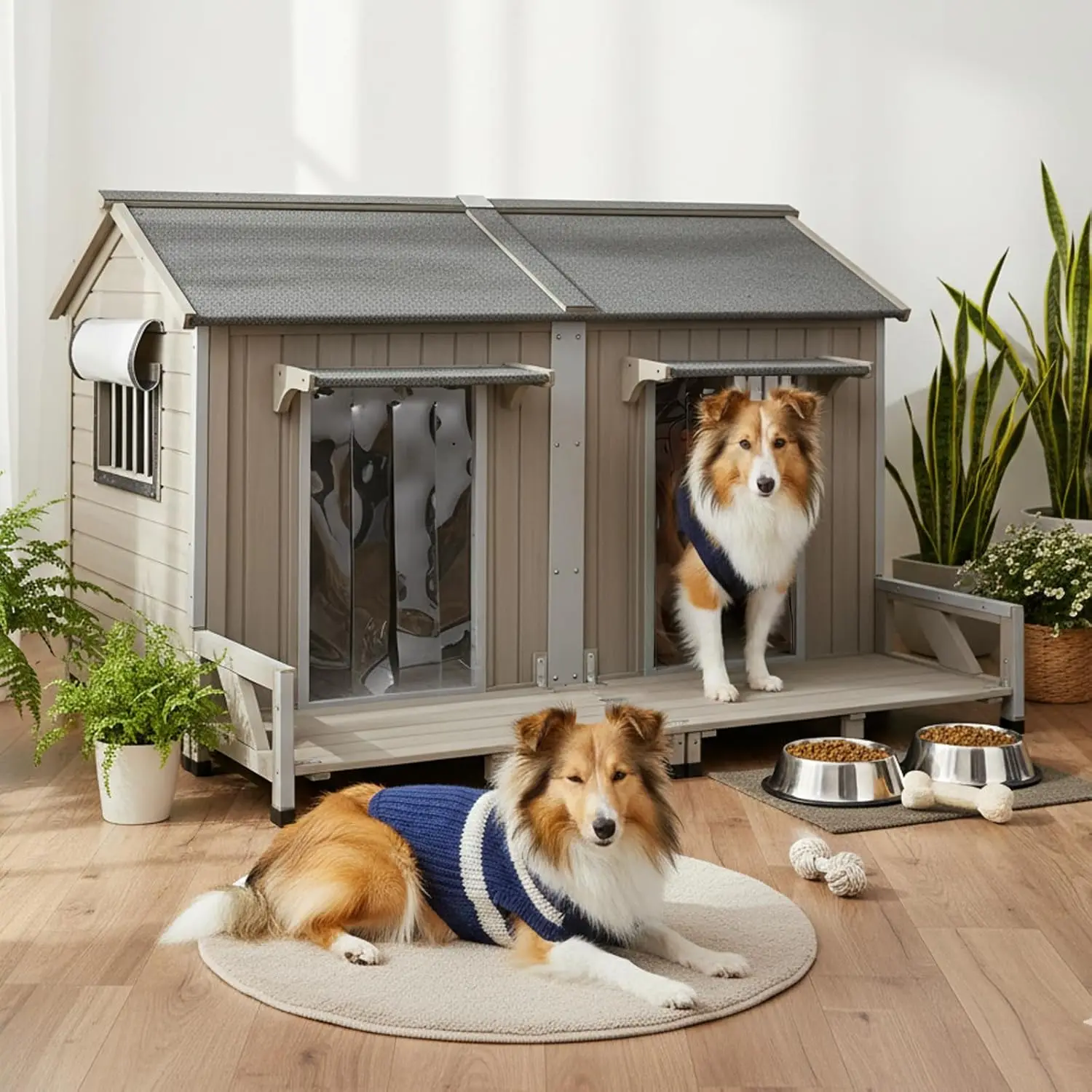 

59" Large Dog House for 2 Dogs XL Wooden Dogs House Outdoor with Weatherproof Openable Roof, Window, All-Around, Customized