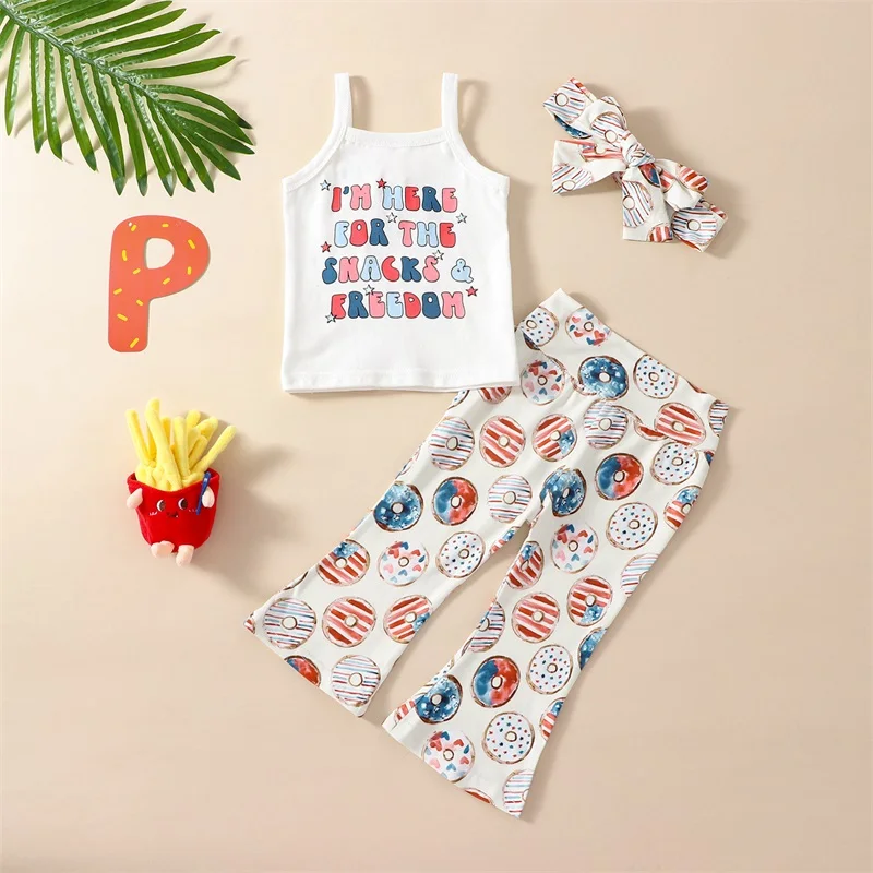 2023-03-06 Lioraitiin 0-4Years Kids Girls 3Pcs Clothes Set Letter Print Sleeveless Camisole Stretch Casual Donut Flared Pants