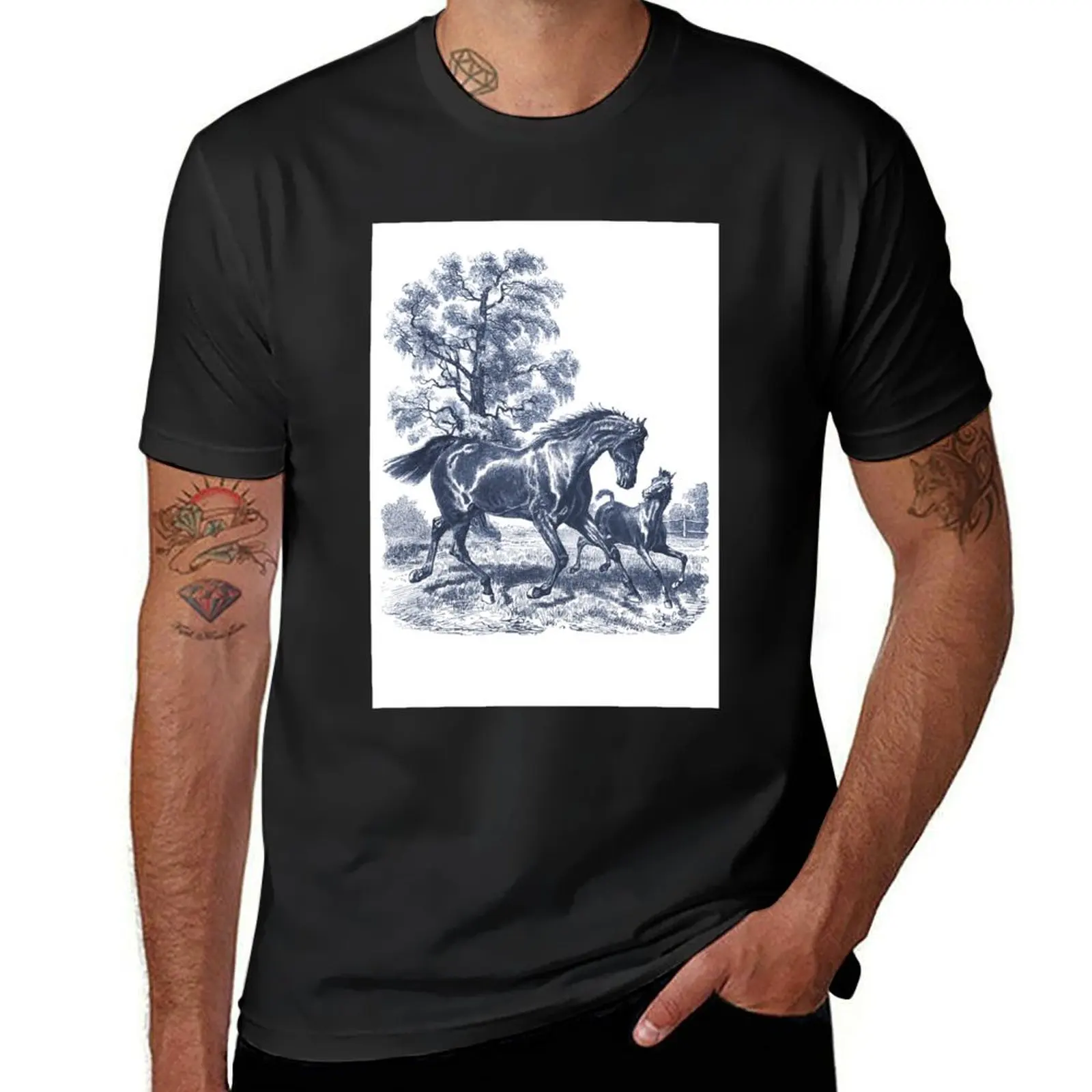 Classic Elegant Blue French Toile Horse Rustic Country Pattern T-Shirt for a boy tops oversized t shirt men