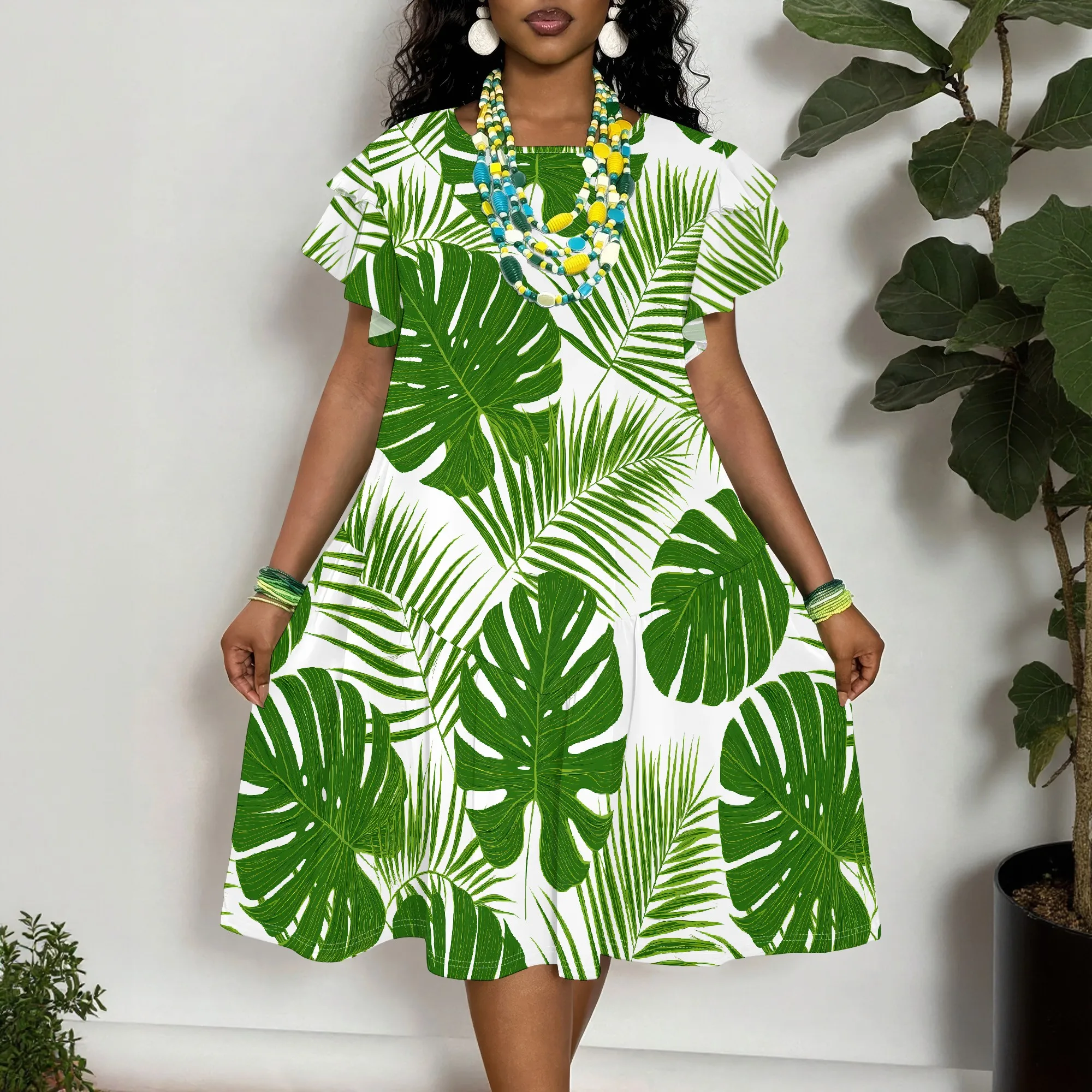 

Tropical Leaf Print Short Sleeve Dress for Women Summer Casual A-Line Tunic Dress