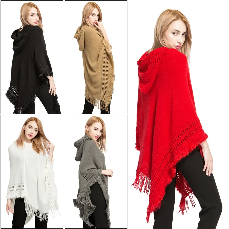 

New Women Ladies Tassel Cape Coat Fringe Poncho Oblique Stripe Coat Bohemian Shawl Scarf