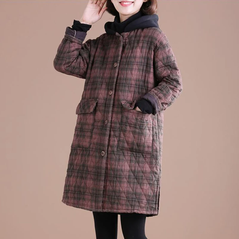 

Женское хлопковое пальто большого размера в клетку с капюшоном, длинное стеганое хлопковое пальто, фирменная кройная этикетка, корейский шлейф для поездок на работу Thiened