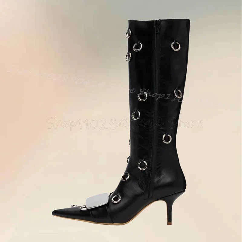 Metal Circle Design Black Pointed Toe Boots Side Zipper Women Shoes Thin High Heels New Fashion Banquet 2026 Zapatos Para Mujere