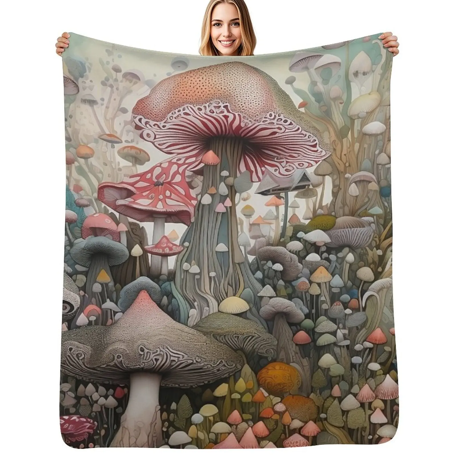 Magical Mushroom Field Throw Blanket Cozy Microfiber Throw Blanket for Home Bedroom