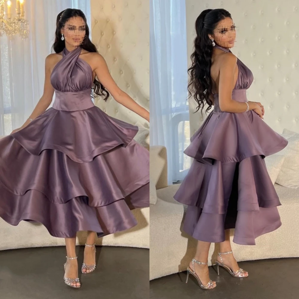 

Customized Fashion Matching Halter Ball Gown Formal Ocassion Layered Satin dress party evening elegant luxury celebrity