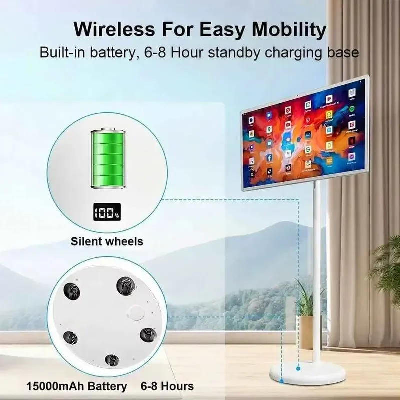 BOLRZO 32-Inch portable smart screen, mobile Android 15 touchscreen TV, 8G + 128G octa-core display, with battery