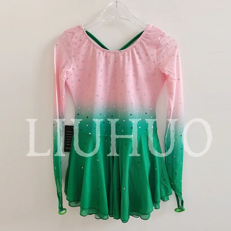 

LIUHUO платье для фигурного катания на льду для девочек и женщин, эластичное платье из спандекса с градиентом, розовое, зеленое, для соревнований, BD1403