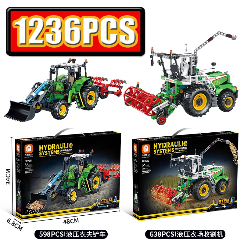 MOC Technology DIY Hydraulic System Farm Loader & Harvester Building Blocks Set - Engineering Model Kit for Vehicle Decor
