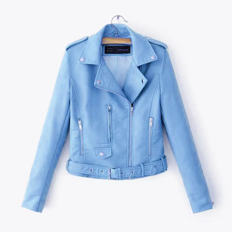 Women's Spring Long-Sleeve PU Jacket Street-Style Collared Faux Leather Coat Available in Blue, Yellow, Black, and Burgundy.2026