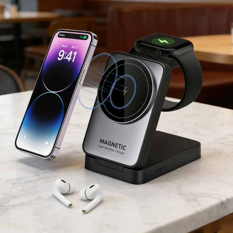 

Складная магнитная беспроводная зарядная станция 3-в-1 для Magsafe iPhone 16 15 14 13, Apple Watch 2-9, Airpods Pro, станция быстрой зарядки