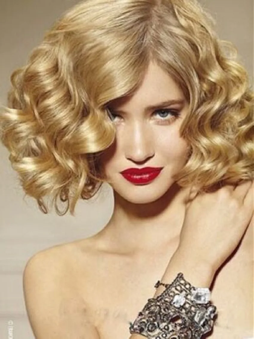 

Medium Length Curly Blonde Lace Front Human Hair Blend Wigs Women Natural Wigs