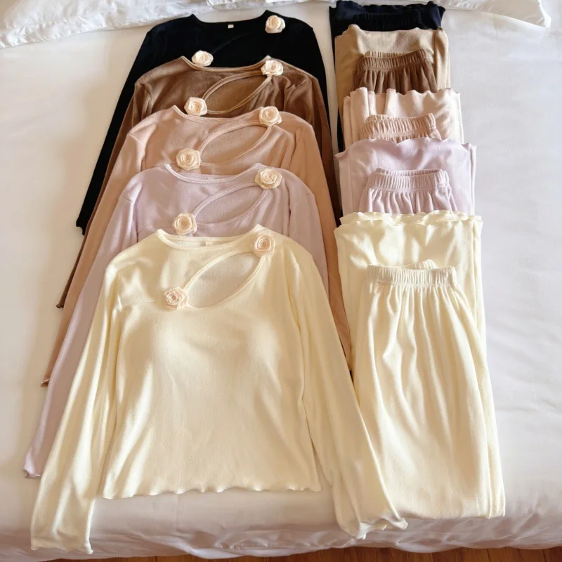 New Sleepwear Women Spring Autumn Double-sided Island Velvet Chest Pad Home Clothes Warm Winter Pajamas Set Loungewear Pijama