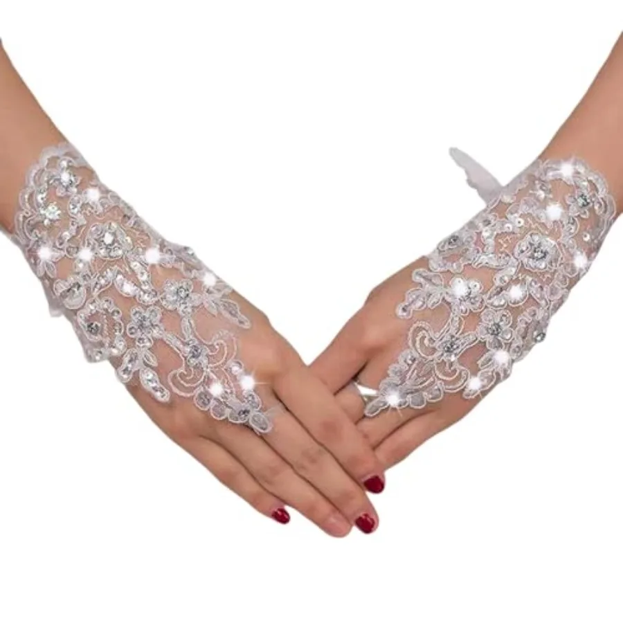 Wedding Bride Lace Fingerless Gloves, White Rhinestone Short Party Prom Glove Prom Glove Accessories