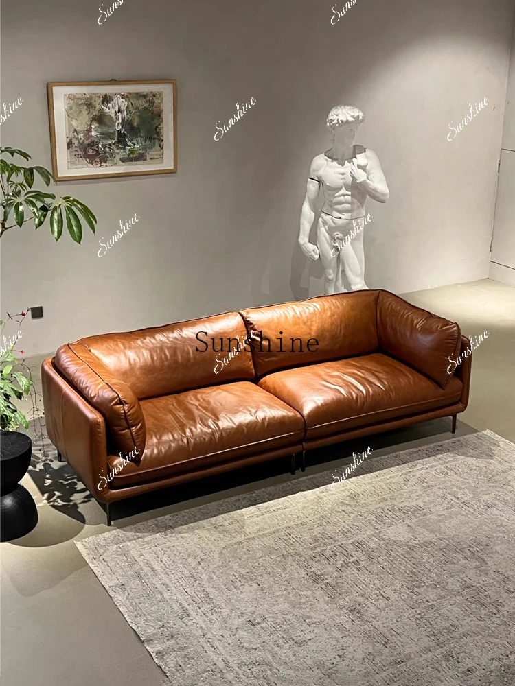 Medieval style oil wax leather straight row double living room small apartment American sofa FT