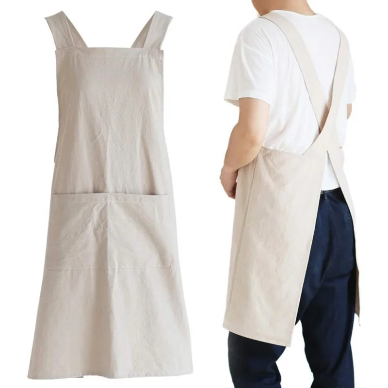 

Japanese Linen Cross Back Cooking Aprons for Women Men with Pockets Cute for Baking Kitchen