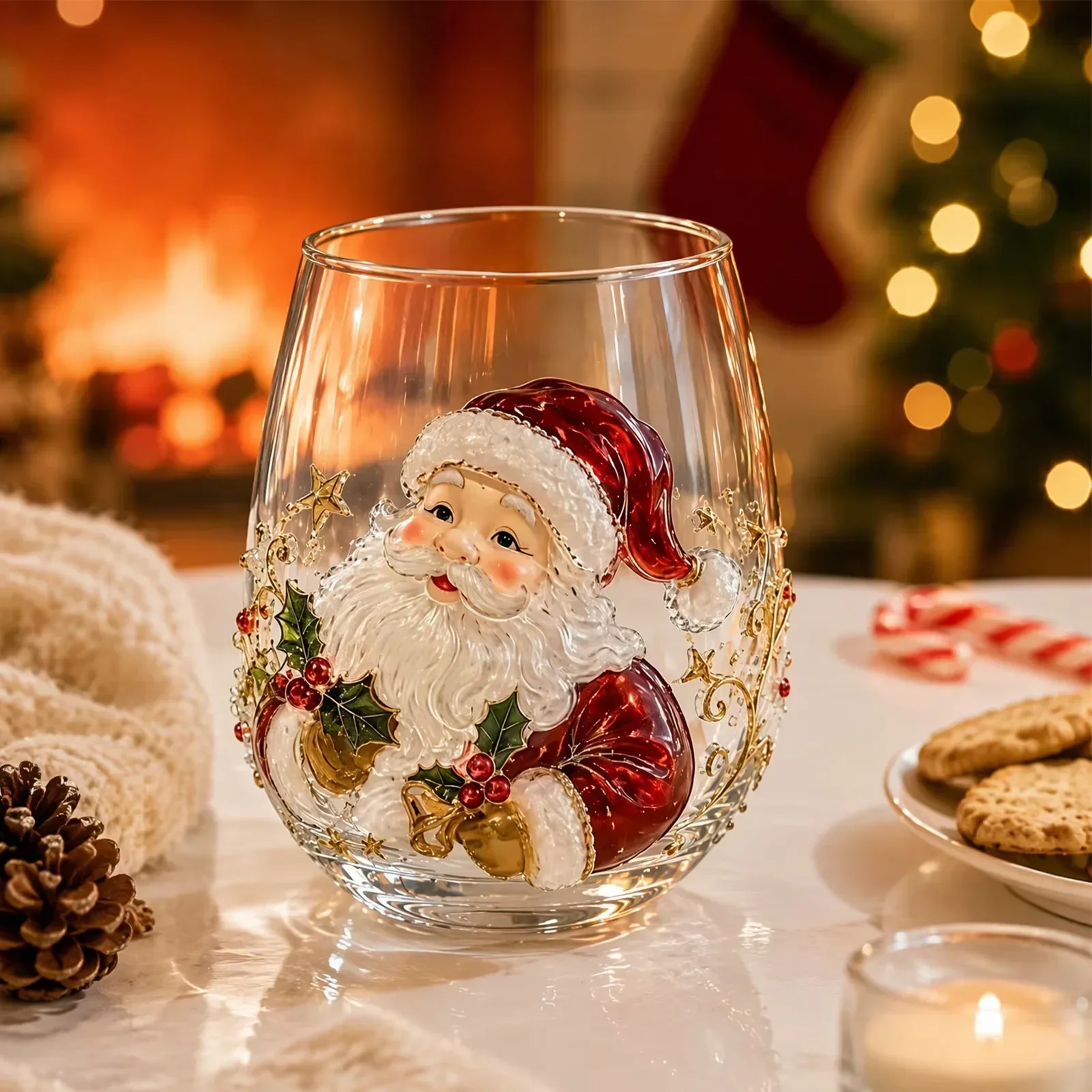 3D Christmas Glass Art Cup,Santa Snowman Reindeer Tree Drinking Glasses Christmas Wine Glasses, 3D Glass Cup for Christmas Gift
