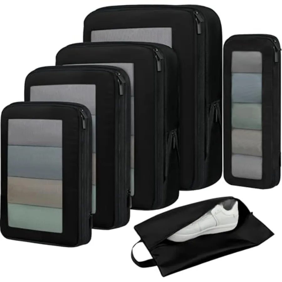 

4 Set/6 Set/8 Set Compression Packing Cubes Travel Accessories Expandable Packing Organizers Square Mesh Jet Black