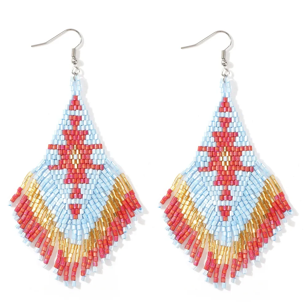 

ZGMXR Серьги из рисовых бусин с кисточками и геометрическим дизайном, оригинальность, ручное вязание, сплав, нерегулярность, богемные модные серьги из бисера