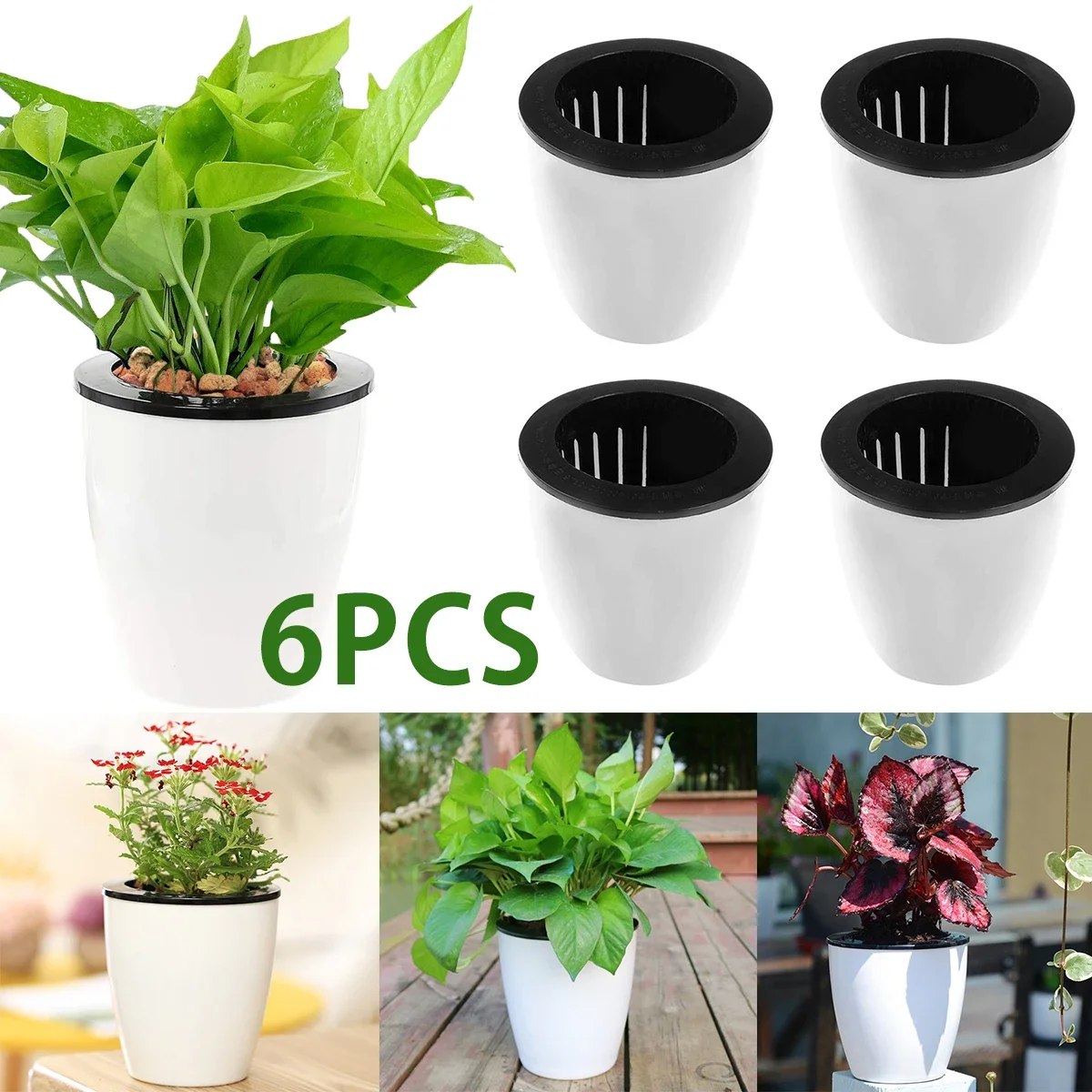 

6Pcs Self Watering Pots With Cotton Rope for Indoor Plants 4.7 Inch Self Watering Flower Pot Decorative Garden PP Planter Pots