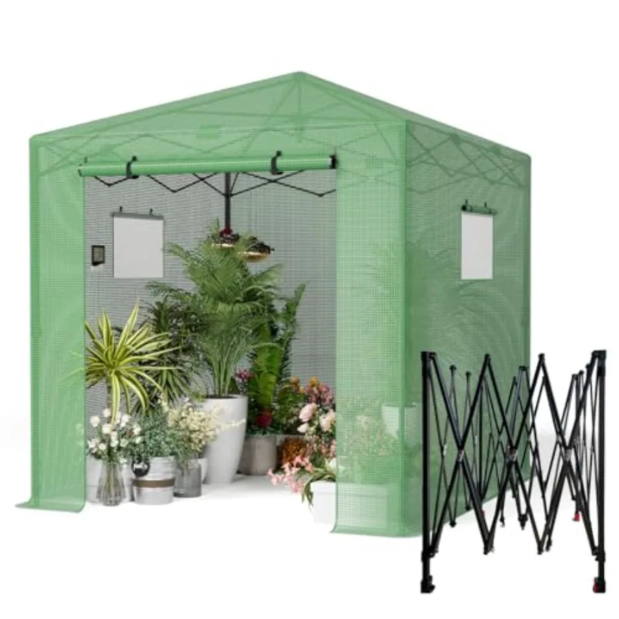 Outdoor pop-up portable greenhouse for backyard gardens, green polyethylene fabric, easy setup with roll-up door and mesh windo
