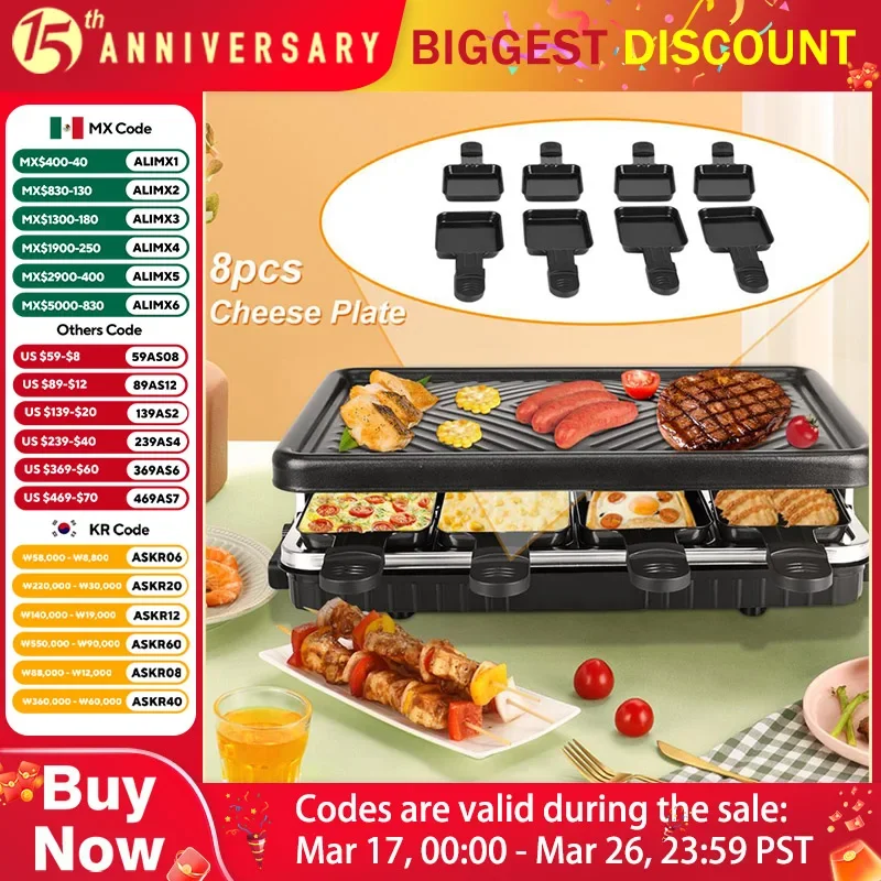 Parrilla de mesa eléctrica coreana para barbacoa, Raclette de queso interior para 8 personas, superficie antiadherente, Control de temperatura, apto para lavavajillas