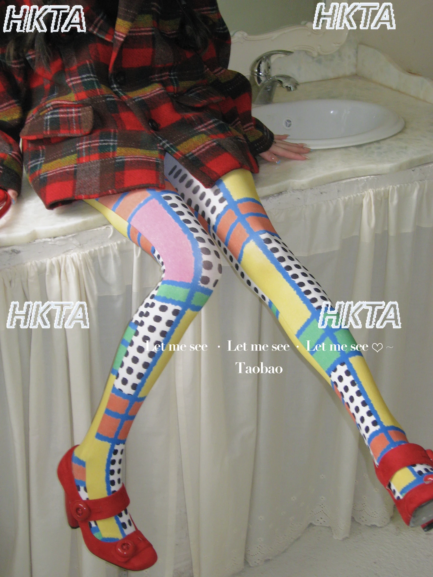 Japanese Original Design Color-Block Plaid Print Pantyhose Y2K Fashion Polka Dot Tights Women's Socks Kawaii Cute Hosiery