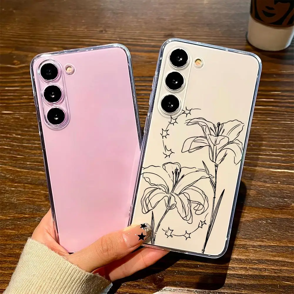 Simple lines and flowers Transparency Soft shell phone case for Samsung Galaxy S26 S25 S24 S23 S22 FE,Ultra,Plus Drop resistant