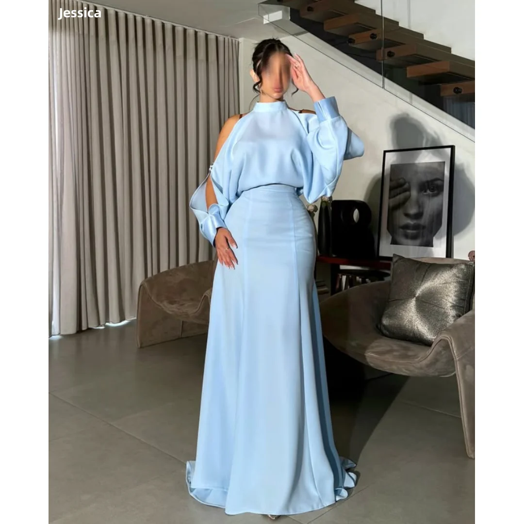 

Джессика Небесно-голубые вечерние платья Пышные полые платья для выпускного вечера с длинными рукавами Тонкие и элегантные женские вечерние платья Vestidos De Gala
