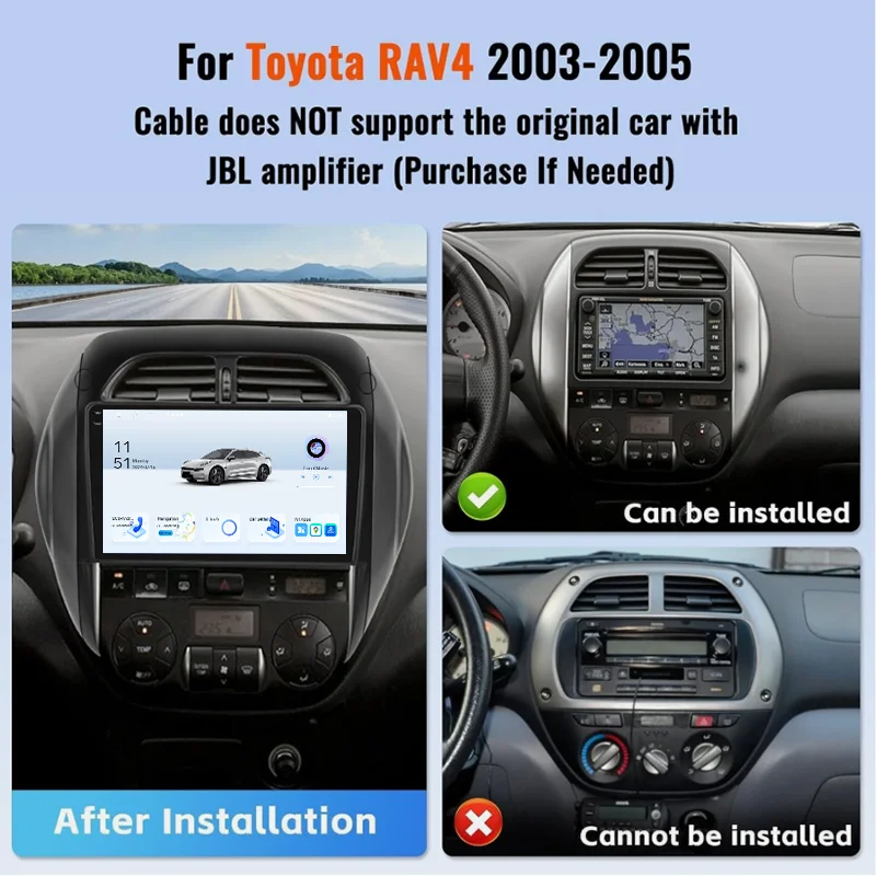 9'' 4-64GB For Toyota RAV4 2003-2005 Car Radio Wireless Carplay Android Auto Head Unit Outer Frame + Cable + Back Up Camera
