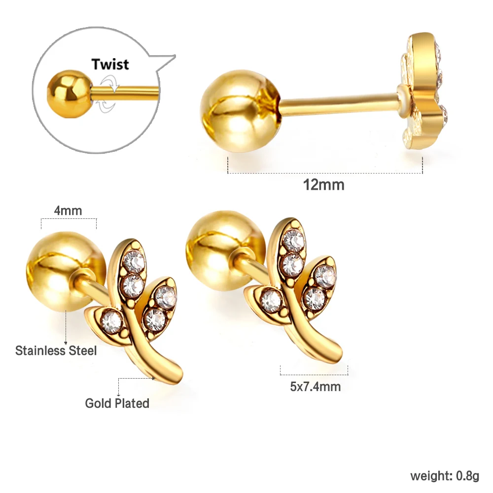 3 Pairs Gold Screw Back Stud Earrings Set, Stainless Steel Crystal Leaf Heart Shape Piercing Earrings For Women Daily Jewelry