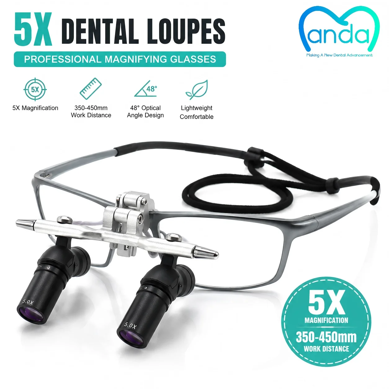 5X Dental Loupe Glasses Lightweight Adjustable 450mm Working Distance | Comfortable Binocular Magnifier for Dentist Daily Use