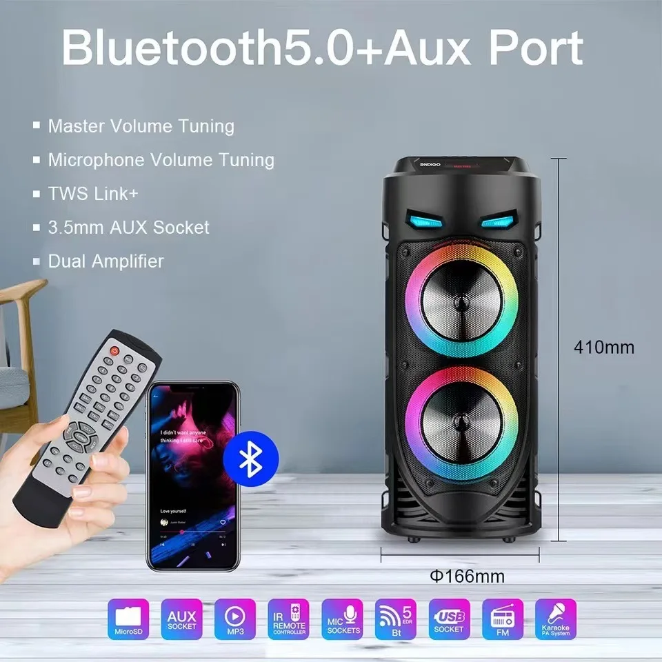 سماعة بلوتوث كبيرة مع ضوء ملون LED ، عمود مكبر الصوت المحمول ، مضخم الصوت اللاسلكي ، HiFi Boombox ، KTV ، ساحة الرقص