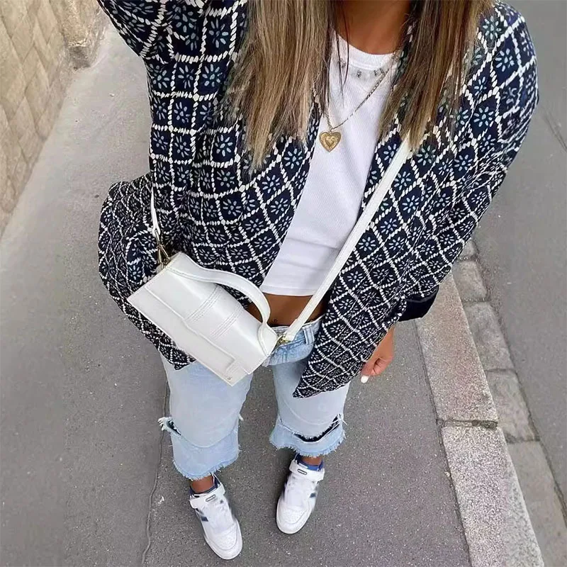 الخريف الشتاء النساء خمر منقوشة المطبوعة معاطف شيك الشارع الشهير سيدة ملابس خارجية فضفاضة غير رسمية الإناث طويلة الأكمام ملابس خارجية دافئة