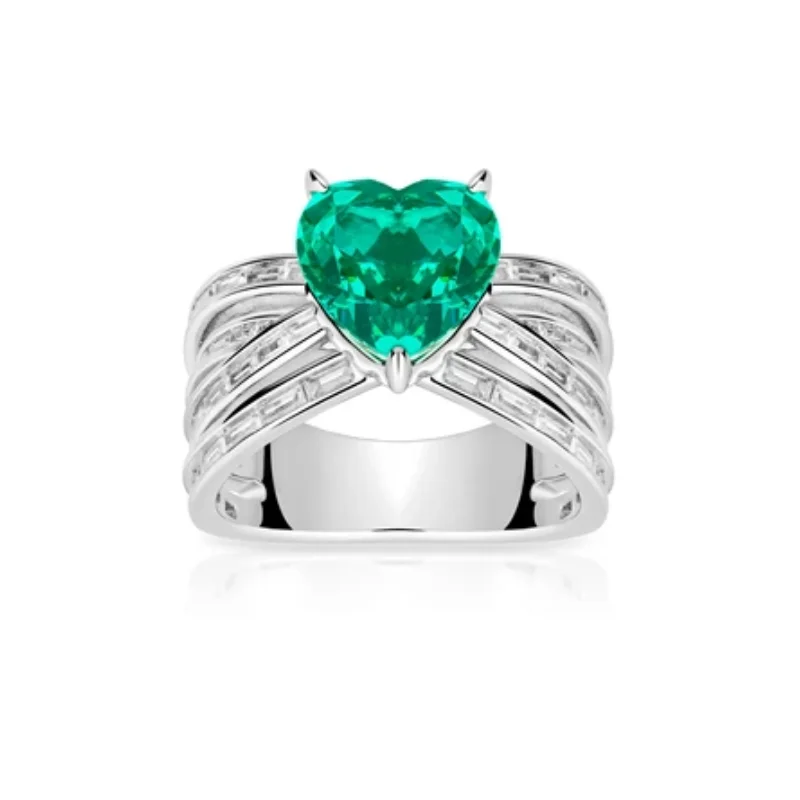 Bellux 925 Silver White Gold Plated Synthetic Zircon Ring Emerald Large Carat Heart Shaped Light Luxury Multi-layer Rings