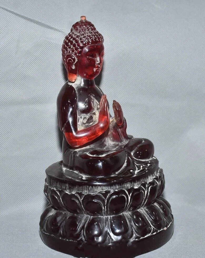 Chinese Collectible Buddhism Red Amber Lotus Base Amitabha Shakyamuni Buddha Statue