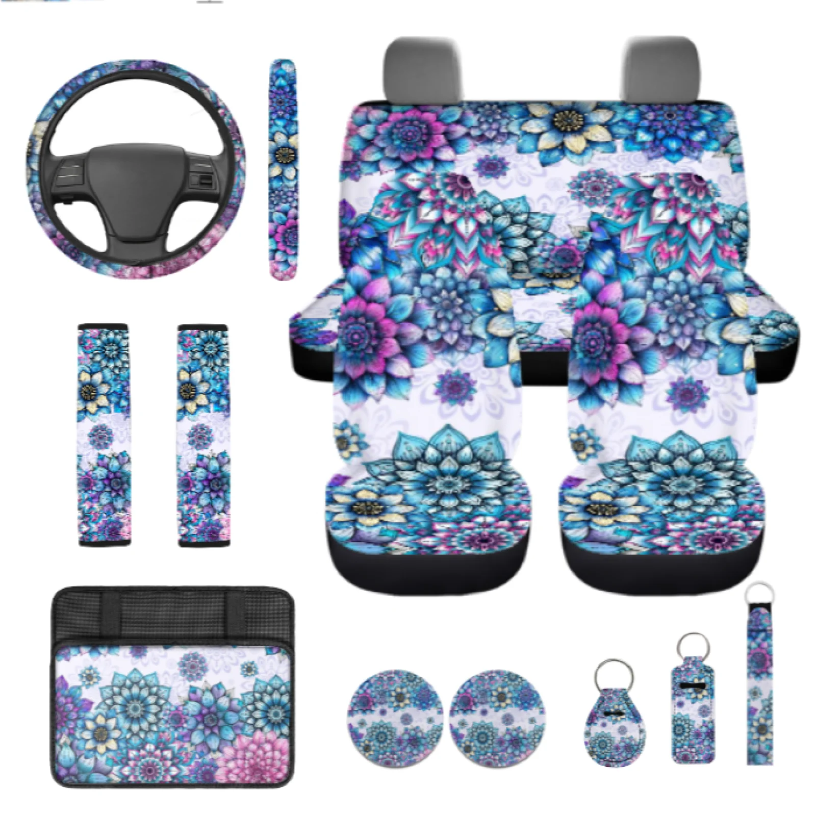 Coloranimal Datura Style 13 PCS Auto Interior Sets with Easy Installation Steering Wheel Cover and Car Armrest Box Cover