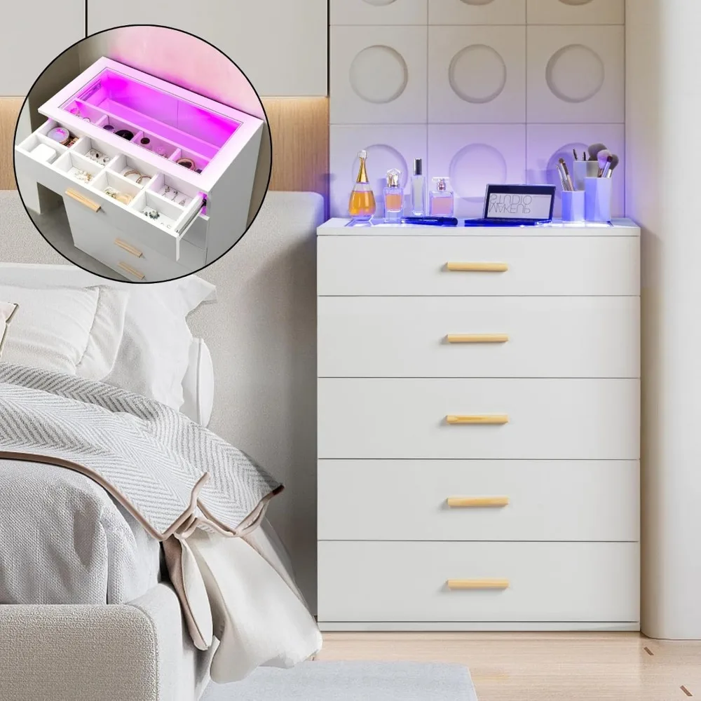 

White Bedroom Nightstand for Girls, 5 Drawer Nightstand with Jewelry Organizer, Modern Night Stand with Jewelry Trays,