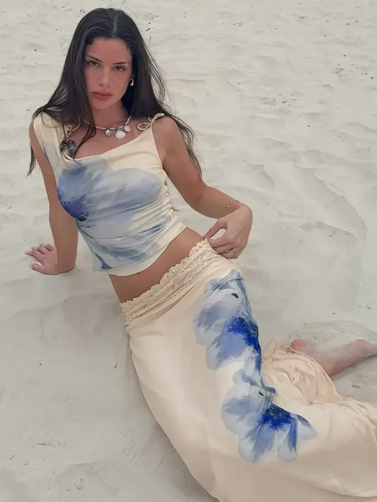 Rok Elegan Bahu Miring Cetak Dua Potong Set Atasan Crop Bertali Seksi Wanita dan Set Rok Panjang Pakaian Liburan