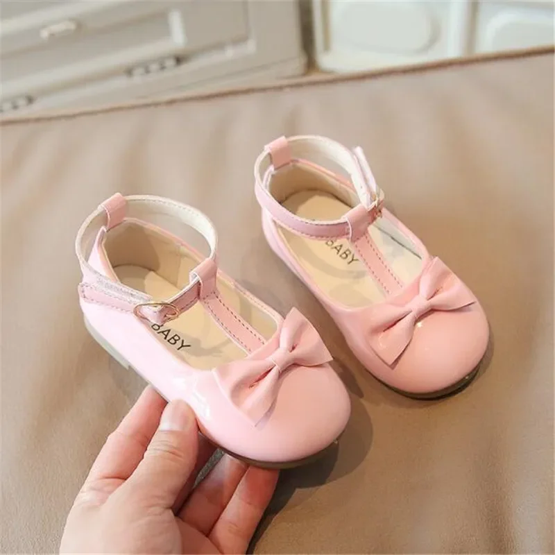 Baby Girls Patent Leather Shoes Bow Mary Janes Party Princess Shoes Kids soft sole T-shaped Red Leather Shoes Student Flats Shoe