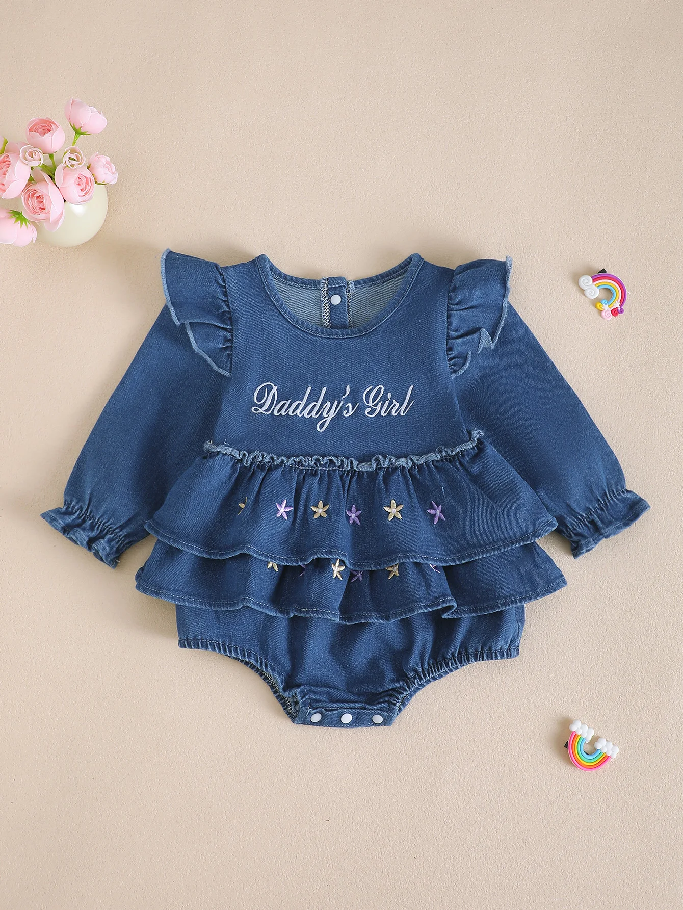 Baby Girl's Long Sleeve Embroidered Denim Dress Autumn Winter Outfit with Letter Embroidery Toddler Kids Clothing
