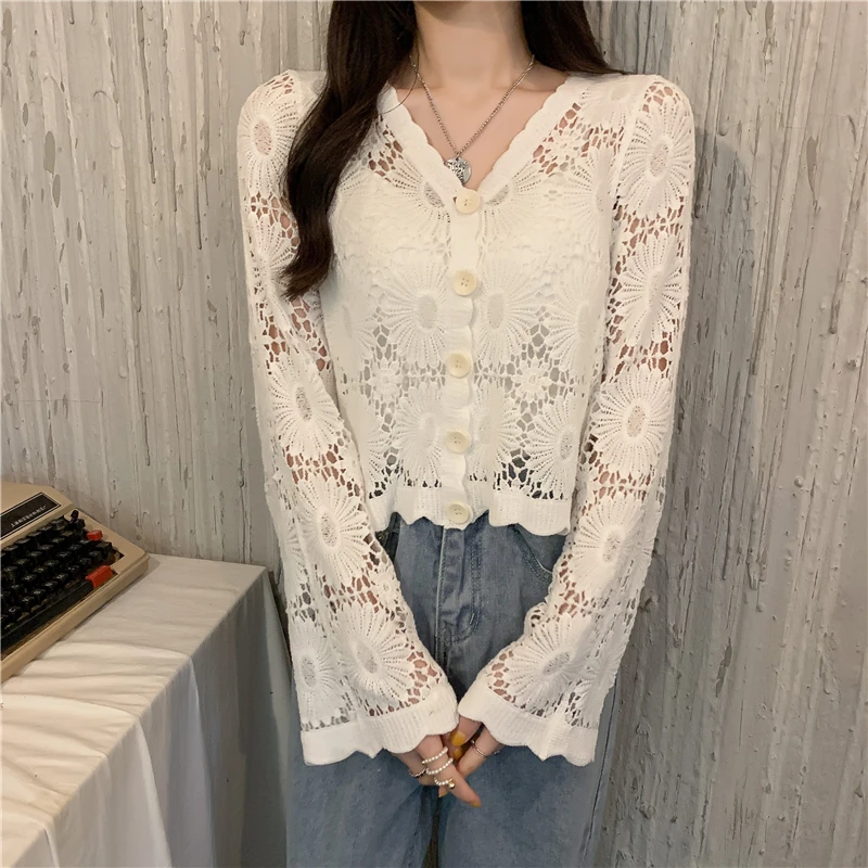 V-neck Button-Front Long-Sleeve Lace Shirts Women Spring Summer Crochet Hollow Out Crop Top School Ladies Girls Beige White Tops