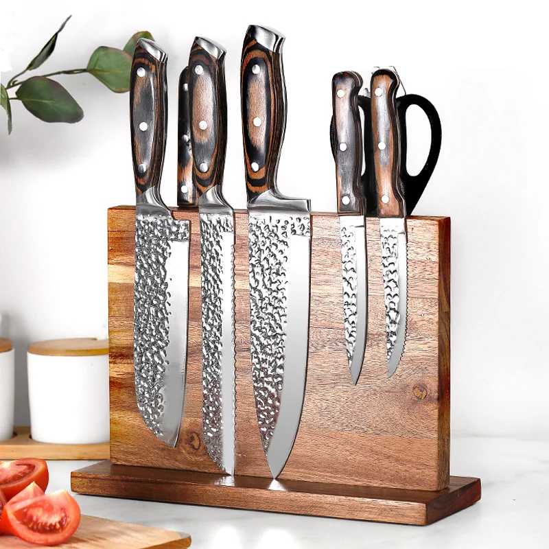 

Double Side Magnetic Knife Holder, Acacia Wood Universal Knife Holder Home Knife Cutlery Storage Rack Kitchen Counter Organizer
