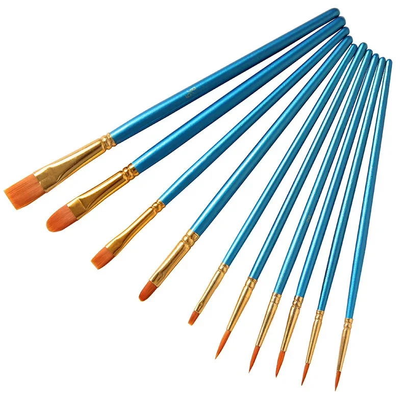 10 Pcs Pearlescent Blue Rod Nylon Hair Multifunctional Sketch Brush Pen Watercolor Oil Paint Brush Set School Art Supplies