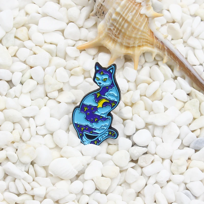 Moon Cat Enamel Pin Custom Night Moon Stars Cat Princess Brooches Bag Lapel Pin Badge Jewelry Gift for Kids Moon Girls and